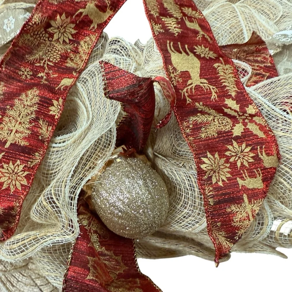 Handmade Rustic Reindeer Deco Mesh Wreath Cream, Red & Gold Holiday Decor 22